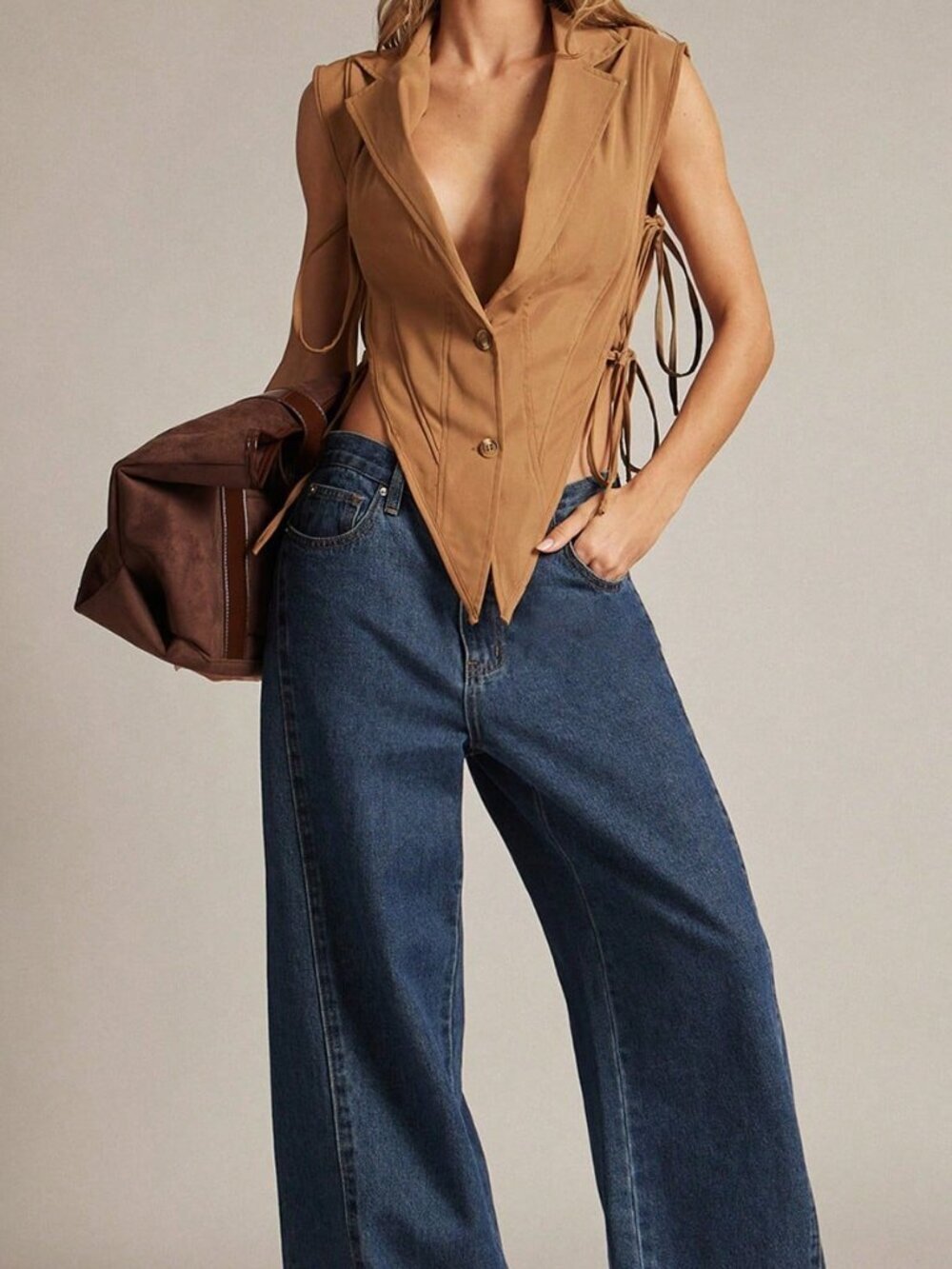 Khaki Casual Women's Sexy Deep V-Neck Front Button Side Tie Camisole - Picture 6 of 6